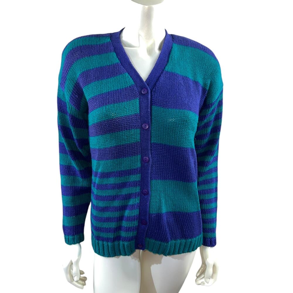 Vintage 90s PASTA Purple Green Striped Cardigan Sweater Color Block Small